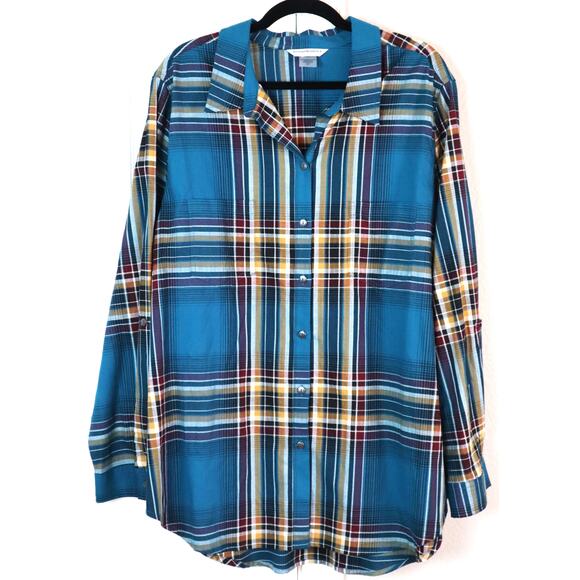 NWT Allison Daley Blue Tartan Plaid Button Down Shirt Women Plus 2X Tunic - Picture 1 of 7